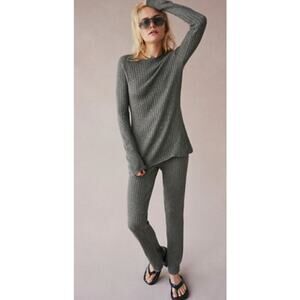Free People Asbury Sweater Lounge Set Grey Cable Knit Flare Pants Ribbed Cozy